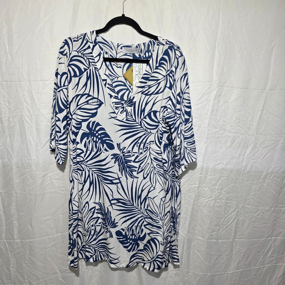 Tybee Island Clothing Company Blue White Tropical Palm Leaf Rayon Shift Dress S